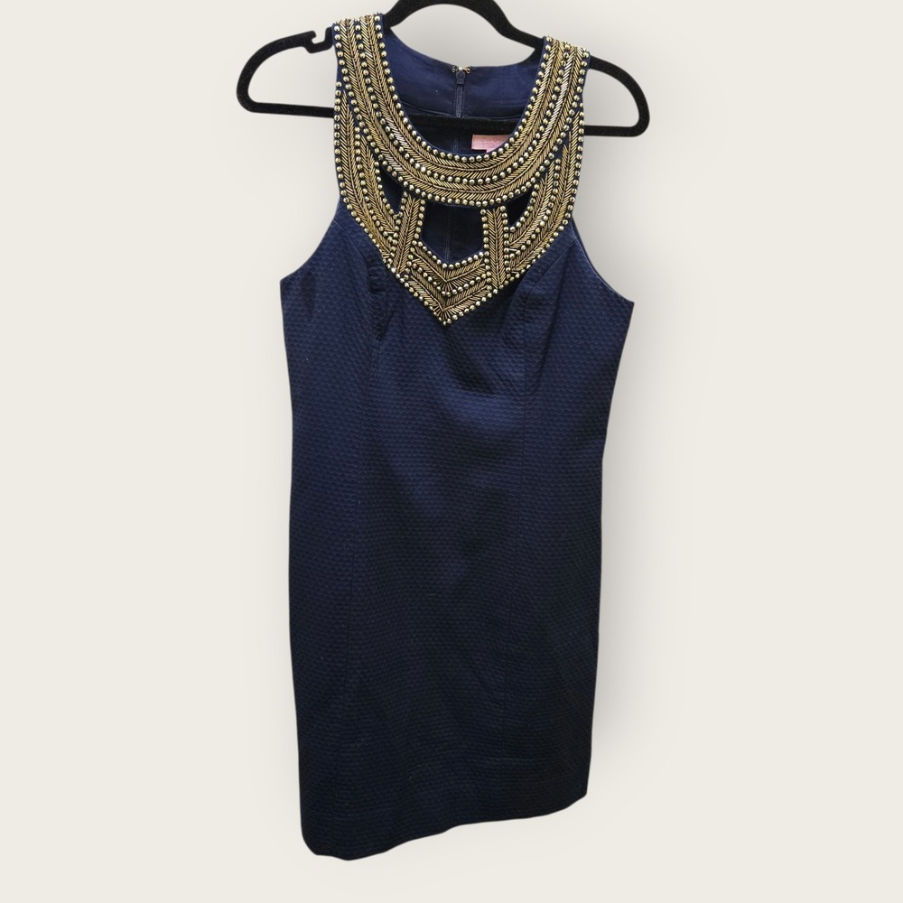 Lilly Pulitzer Carlton Women's Dress Size 6 Navy Blue Gold Beaded Halter